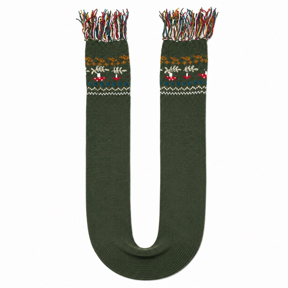 The Collection Royal Green 100% Wool Mushroom Embroidered Knit Scarf with Fringe